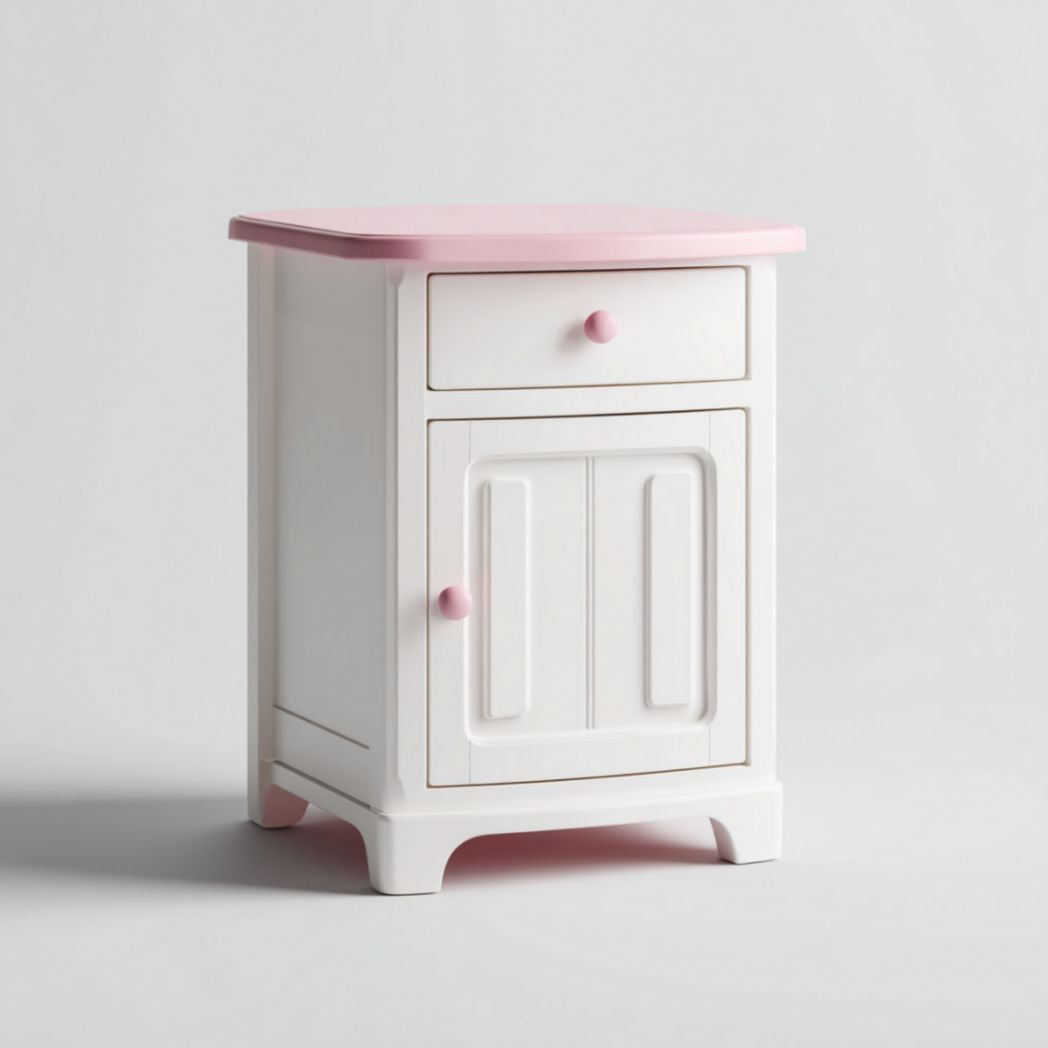 Table de chevet avec tiroir et porte, coloris blanc et rose